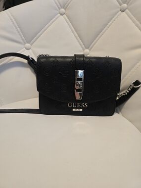 Guess Black Embossed Crossbody with Silver Hardware